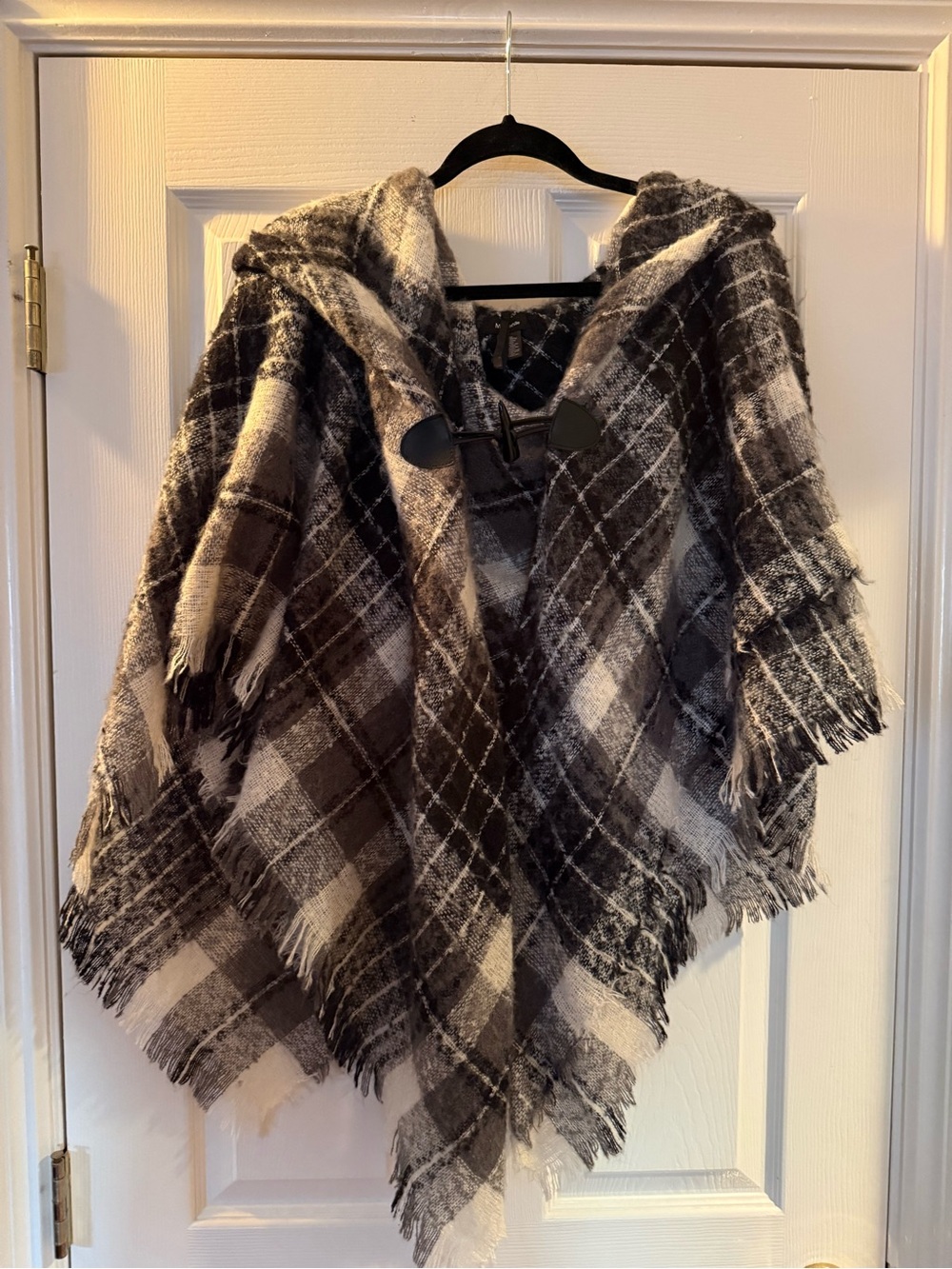 Cozy Black & White Plaid Hooded Poncho